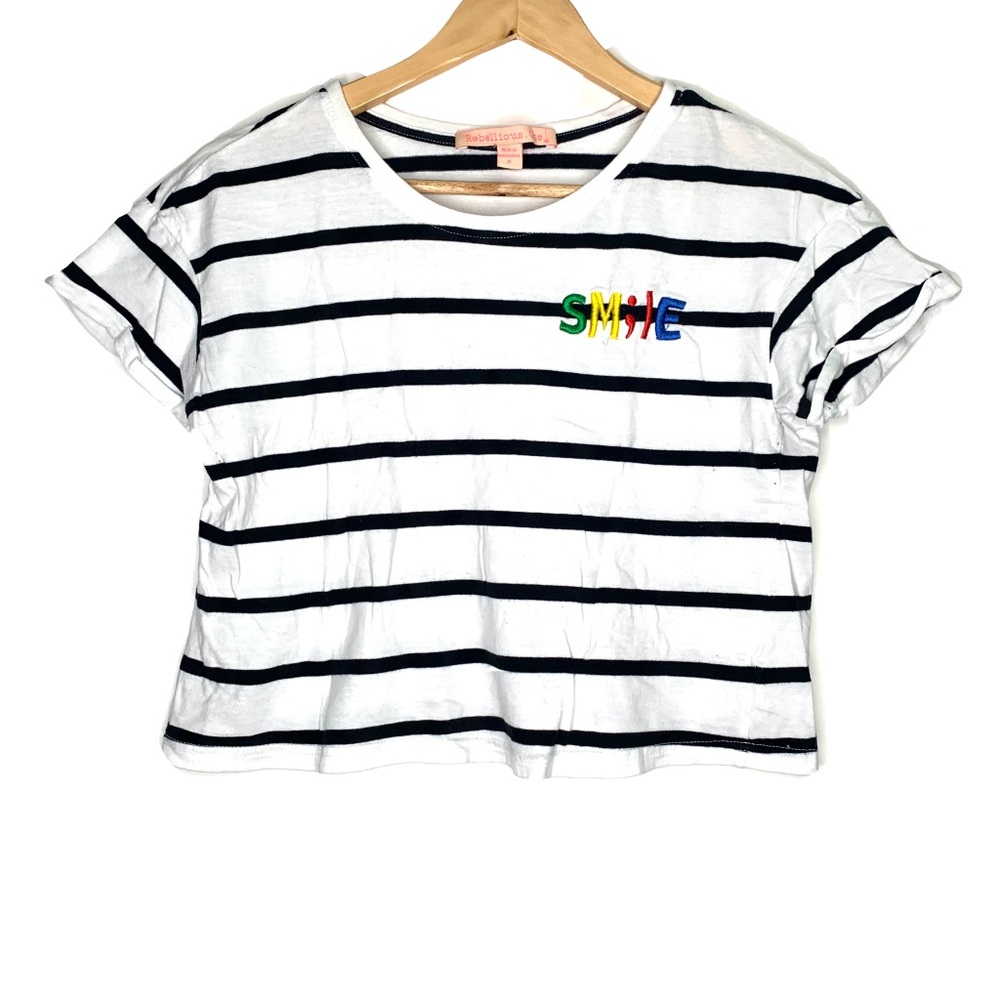 Smile Striped Women’s Crop Top T Shirt Women Size S Black White Short Sleeve